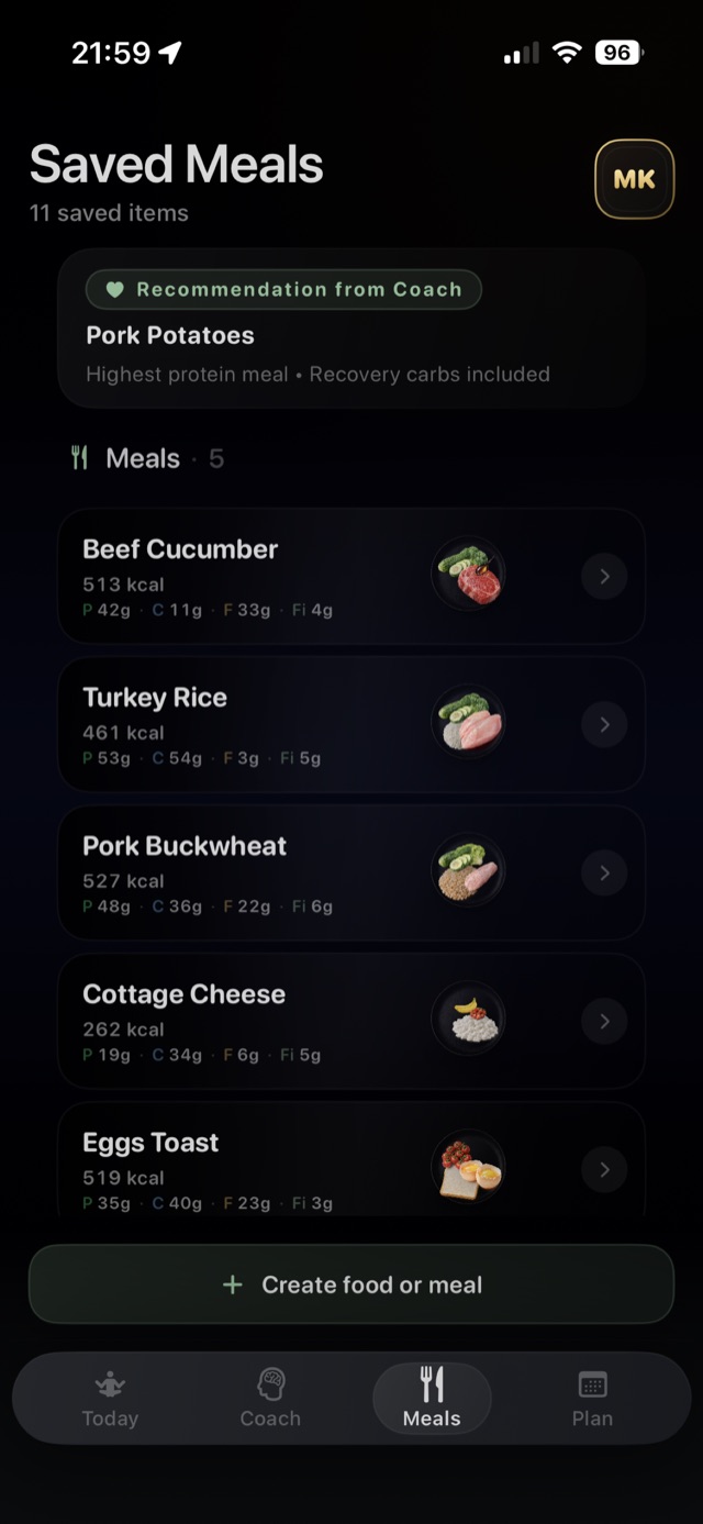 WeekFit Meals screen